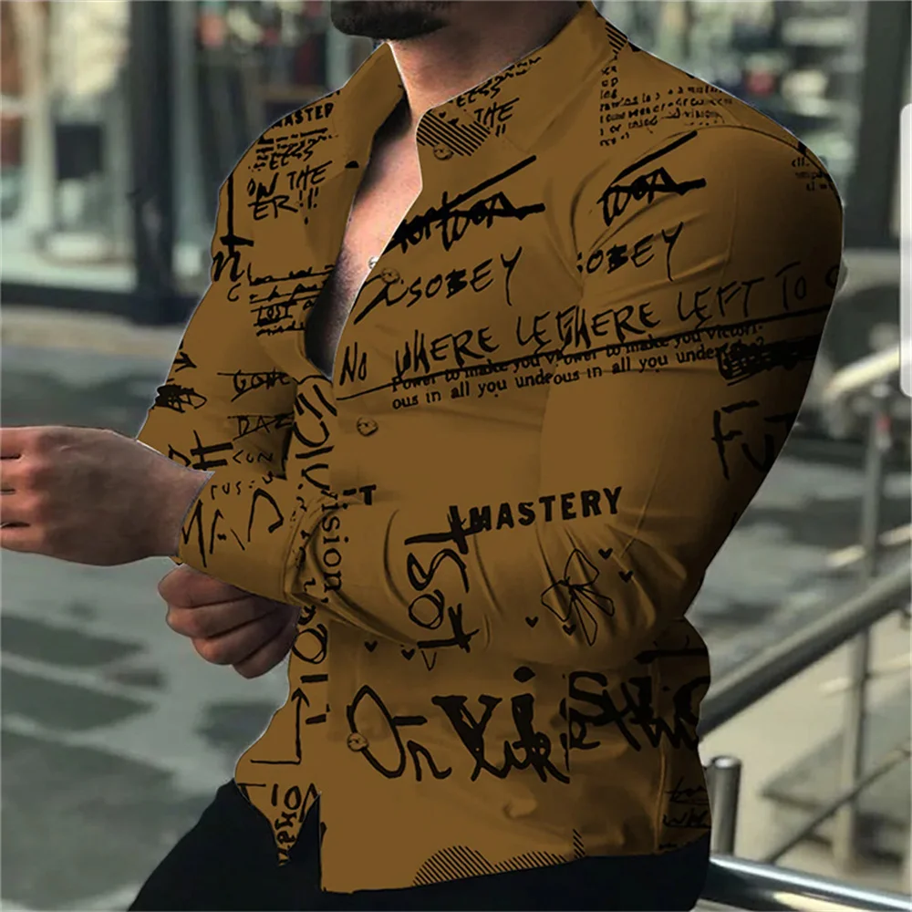 Męska koszula hawajska z długim rękawem, z nadrukiem 3D liter, luźny krój oversize, rozmiar 6XL, szybka wysyłka, casualowy kołnierzyk, wiosna 2025.