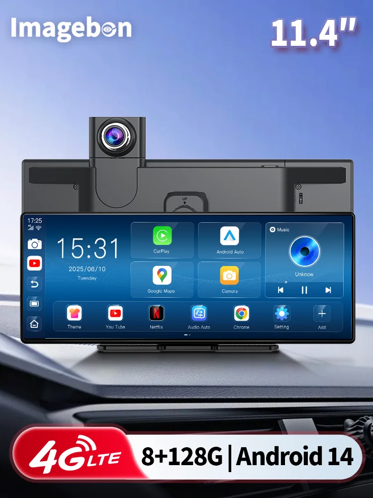 Imagebon 11,4" 4G LTE Android 14 Dashcam 8-Kern Kabelloses CarPlay & Android Auto Google Play Youtube GPS-Navigation Auto-DVR