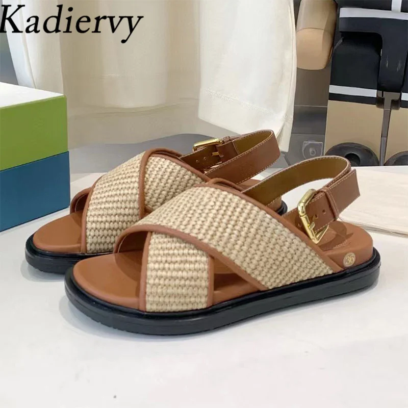 New Flat Sandals for Women Cane Braided Cross Strap Casual Beach Shoes Woman Thick Sole Roman Sandals Summer Sandalias Woman