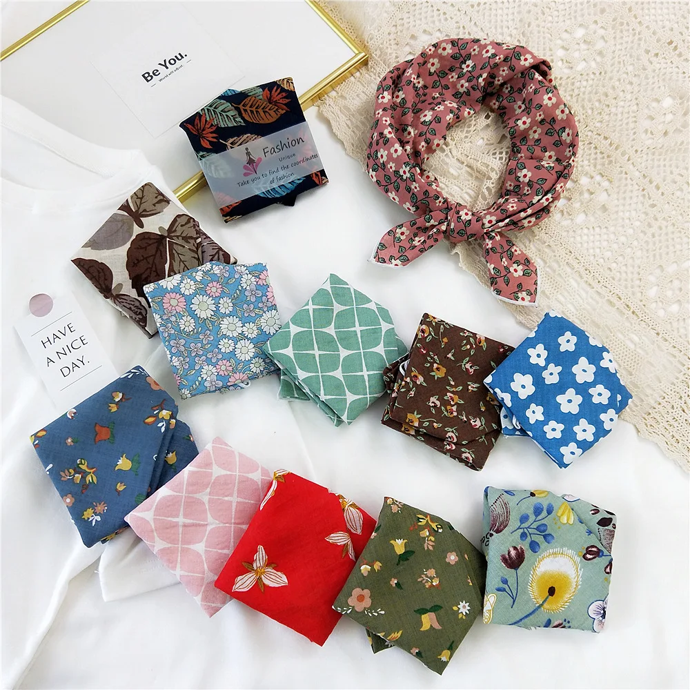 55cm Flower Print Square Scarf Cotton Linen Women Girl Hairscarf Headscarf Bandana Turban Shawl