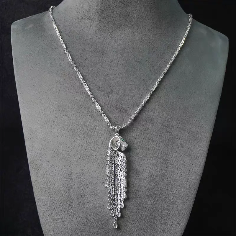 

ARIGAYA 925 Silver Zircon Diamond Stone Emerald Green Eyes Leopard Tassel Pendant Panther Necklaces Luxury Designer Jewelry