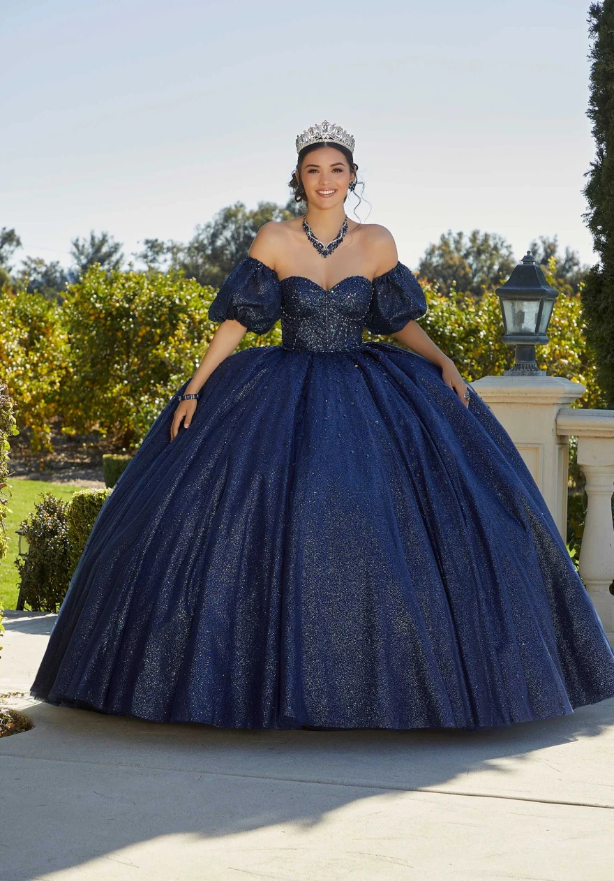 LorstudNavy-Robe de Quinceanera à manches bouffantes avec perles, robe de Rhchérie, robe éducative, robe Sweet 15 16, YQD127, 2024