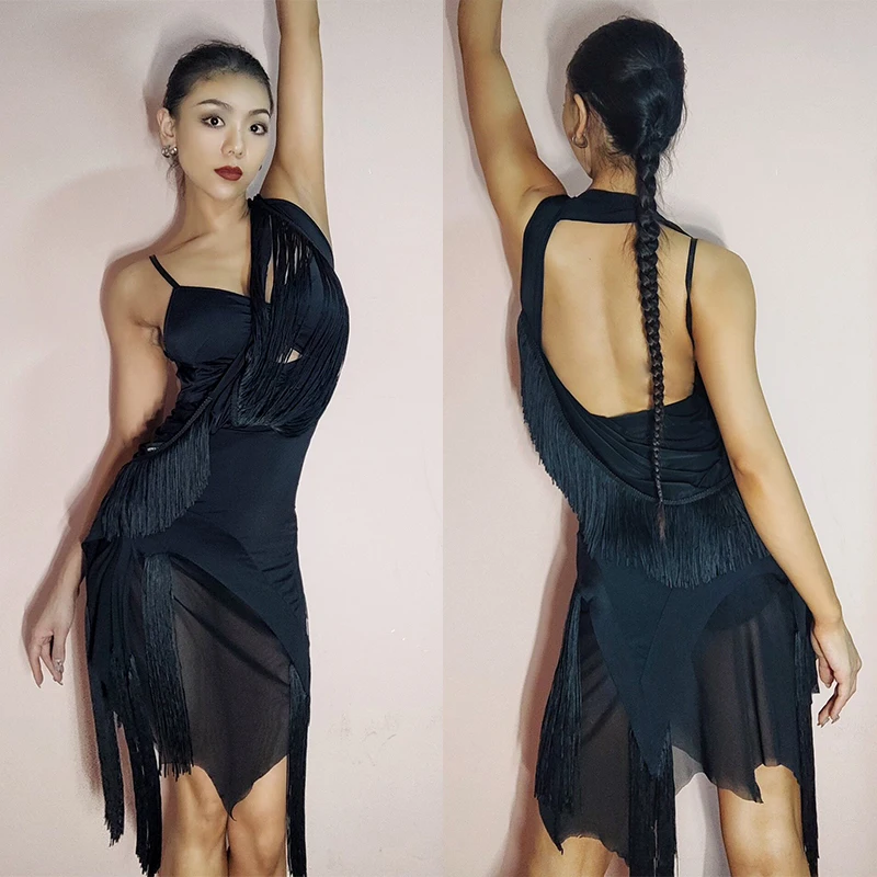 Vestido de Baile Latino para Mujer, Diseño Irregular con Flecos Negros, Traje de Rumba, Tango, Cha Cha, Vestido de Competición S1803