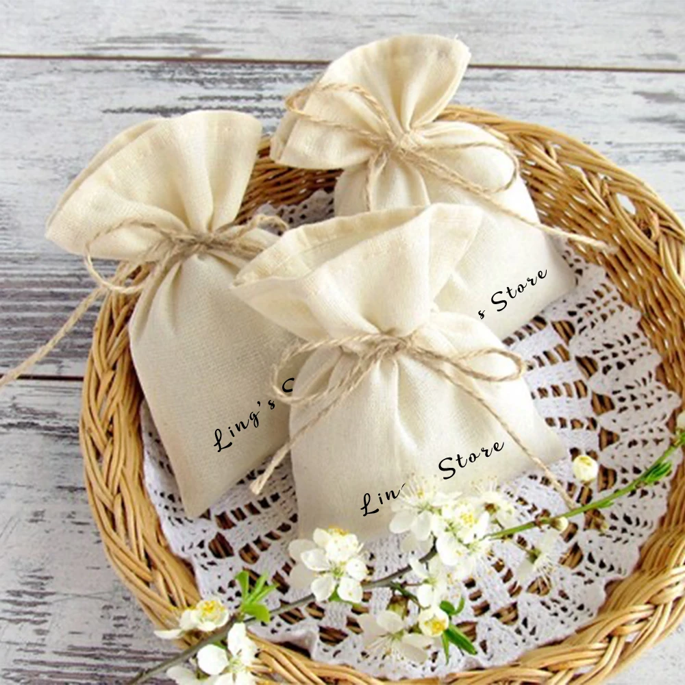 

100Pcs Customized Logo Jewelry Muslin Cotton Natura Cotton Gift Packaging Bag Hemp String Wedding Candy Pouch Boutique Organizer