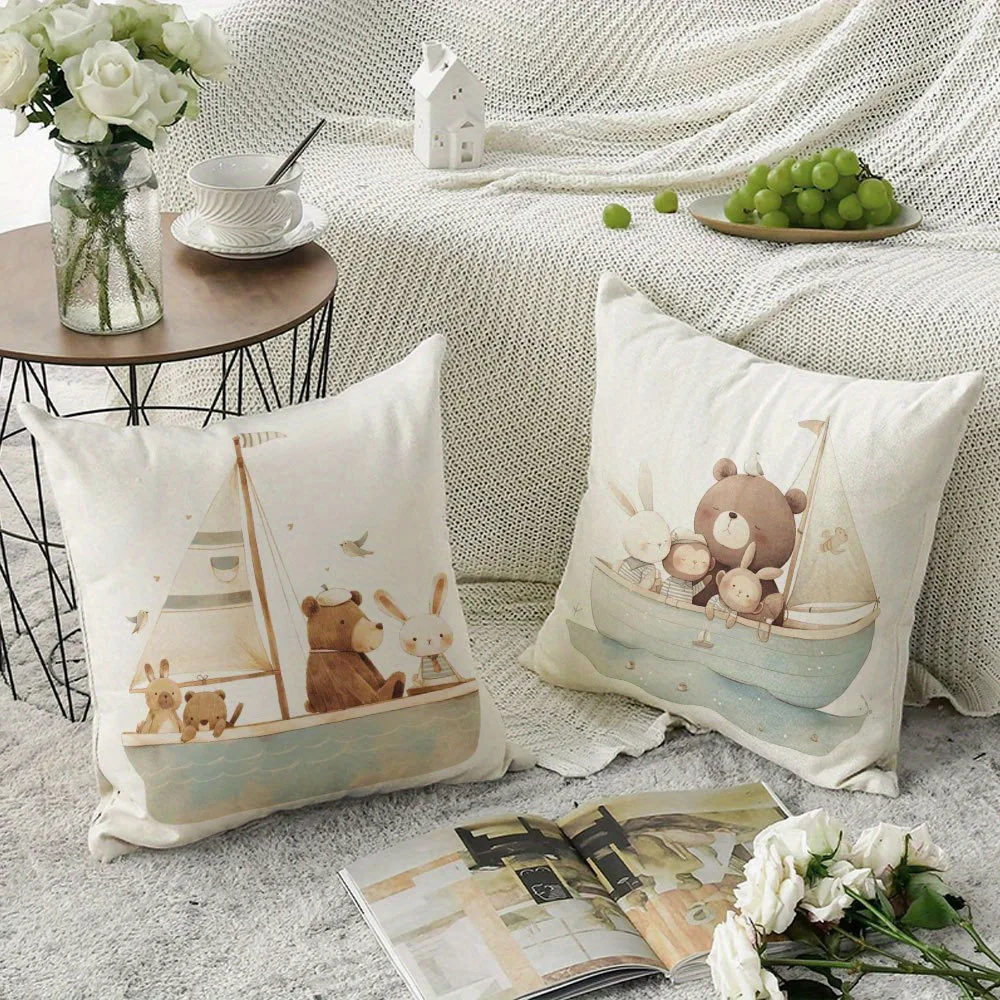 2pcs Watercolor Sailor Animals Print Throw Pillow Covers Cute Bear Rabbit Cozy Cushion Cases for Bedroom Living Room Decor