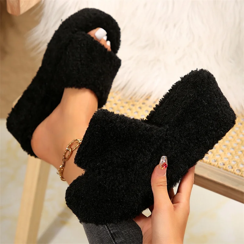 Autumn Winter Wedge Fluffy Slippers Woman 2024 New Home Fur Slippers for Women Chunky Platform Slides Cozy Fuzzy Indoor Shoes