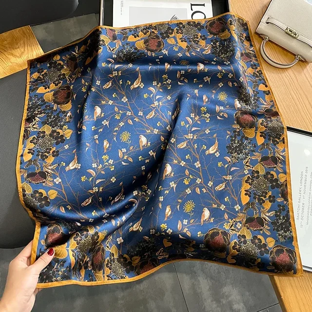 100% Natural Silk Scarf for Woman Designer Birds on Tree Print Bandana Foulard Female Luxury Square Neckerchief New SD0064