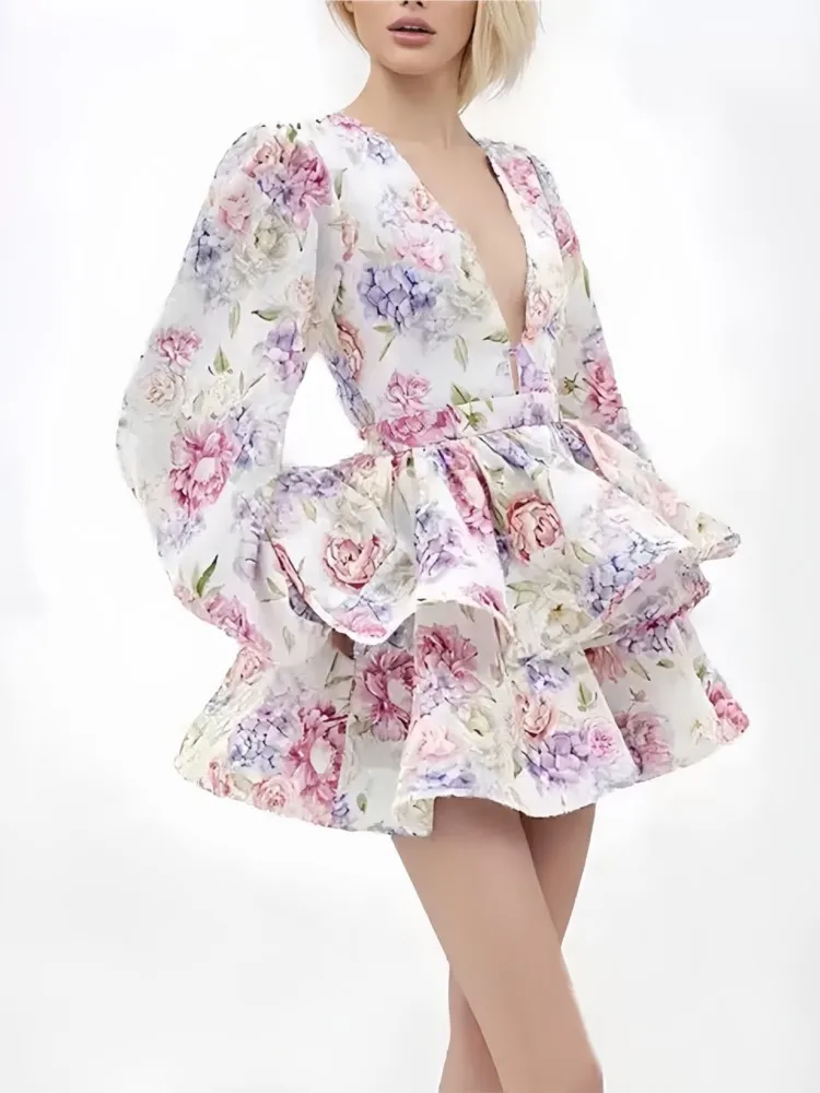 

Autumn Printed Ruffled Hem Deep V-neck Puffy Mini Dress Women Long Sleeve Elegant Vacation Party Short Dresses 2025 Spring Robe