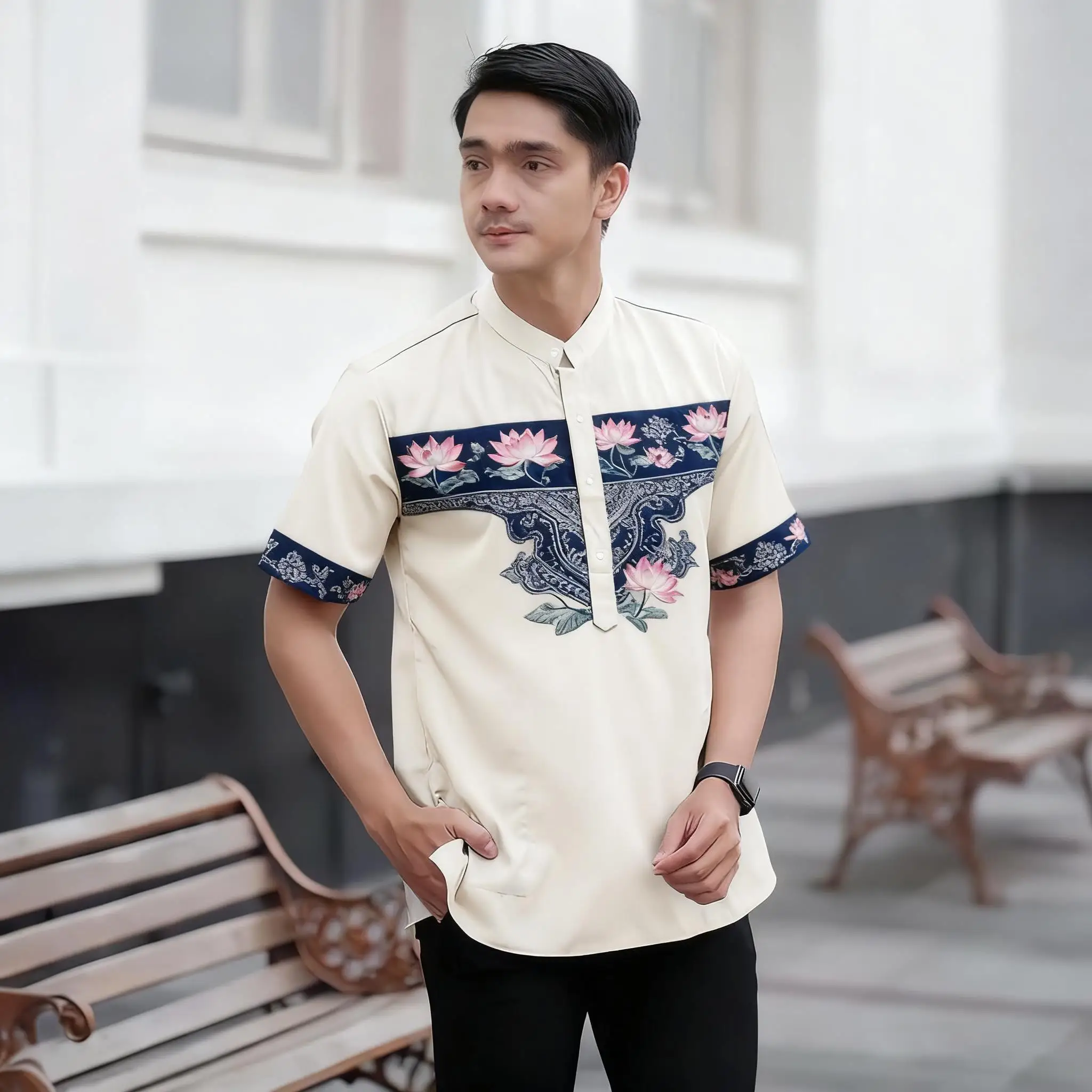 2026 رداء رجالي مسلم بأكمام قصيرة قميص عرقي نمط الوقوف طوق الملابس العربية Vetements أوم Musulman #3