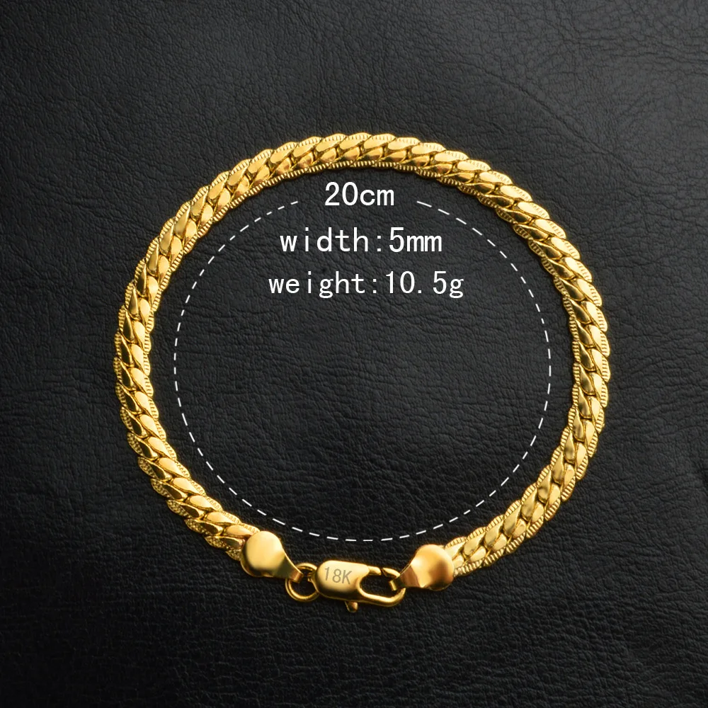 Classic 5MM Gold Color Chain Bracelet For Women Men Silver Plated Wrap Bangle Wedding Party  Jewelry 20cm 8Inches