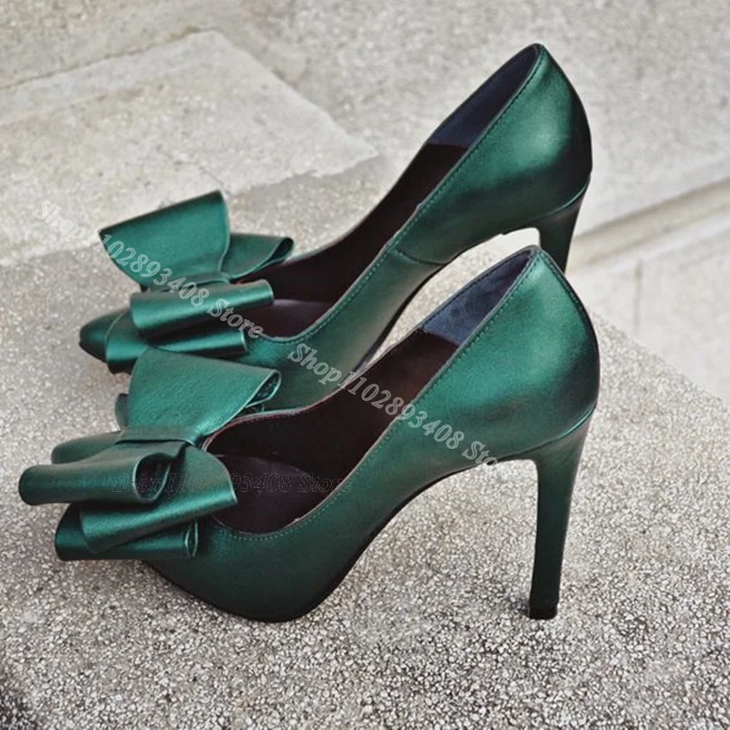 

Green Bowknot Decor Soft Leather Pumps Pointed Toe Solid Stiletto Fall British Style Party Sexy Women Shoes Zapatos Para Mujere