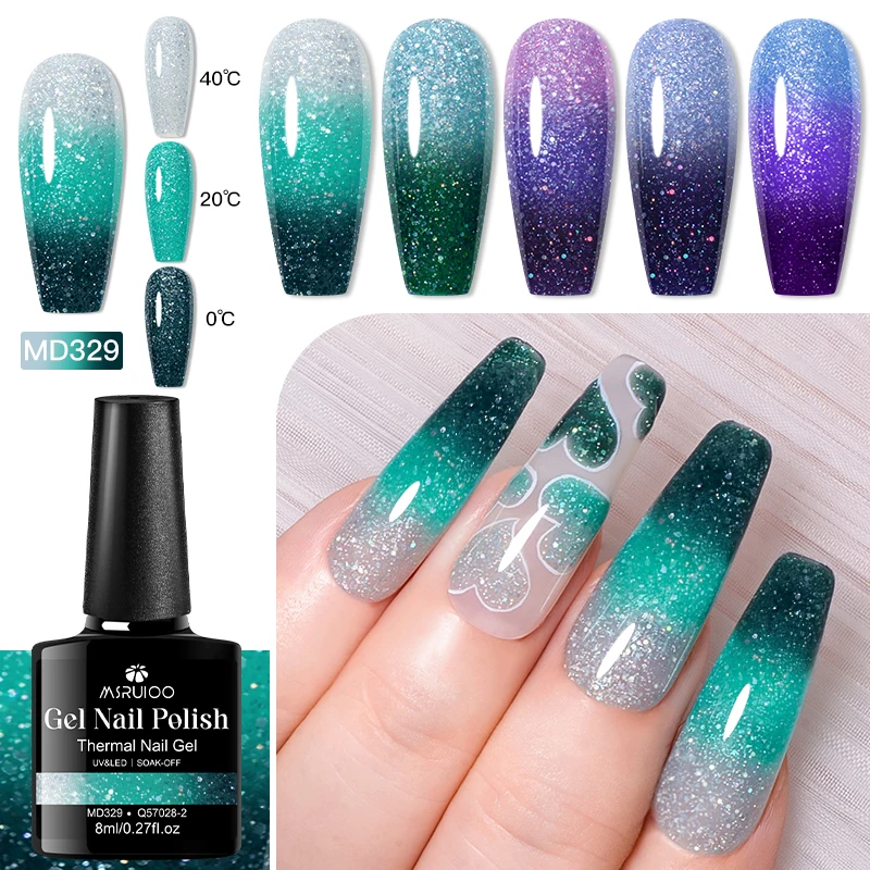 MSRUIOO 8ml Glitter Sequins Thermal Gel Nail Polish Color Changing DIY Nail Art Soak Off UV/LED Gel for MAnicure DIY Design