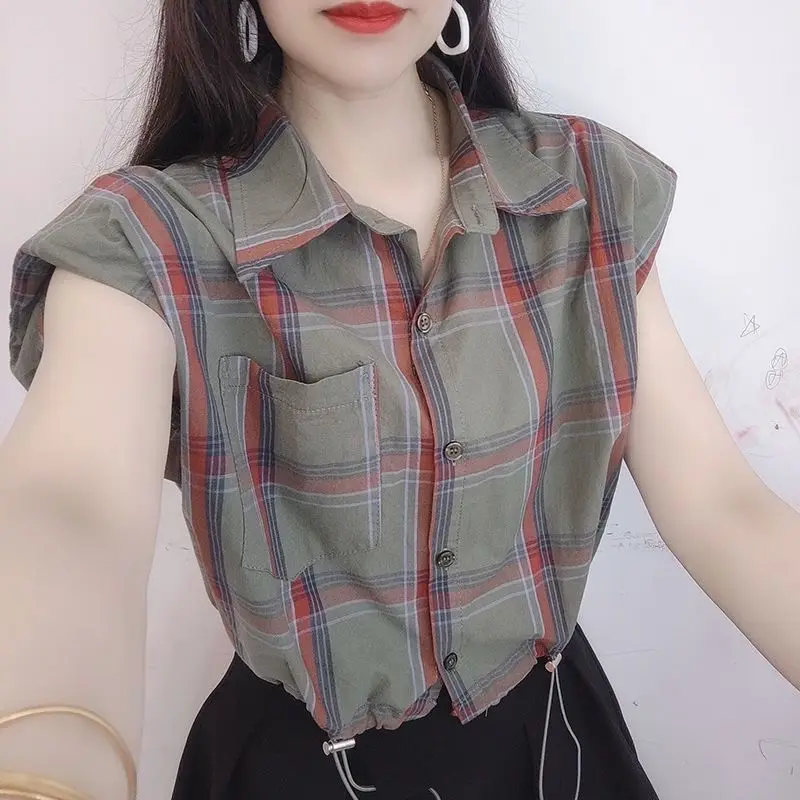 Plaid Shirt Women Fashion Casual Drawstring Blouse Korean Style Summer Short Sleeve Vintage Tops New