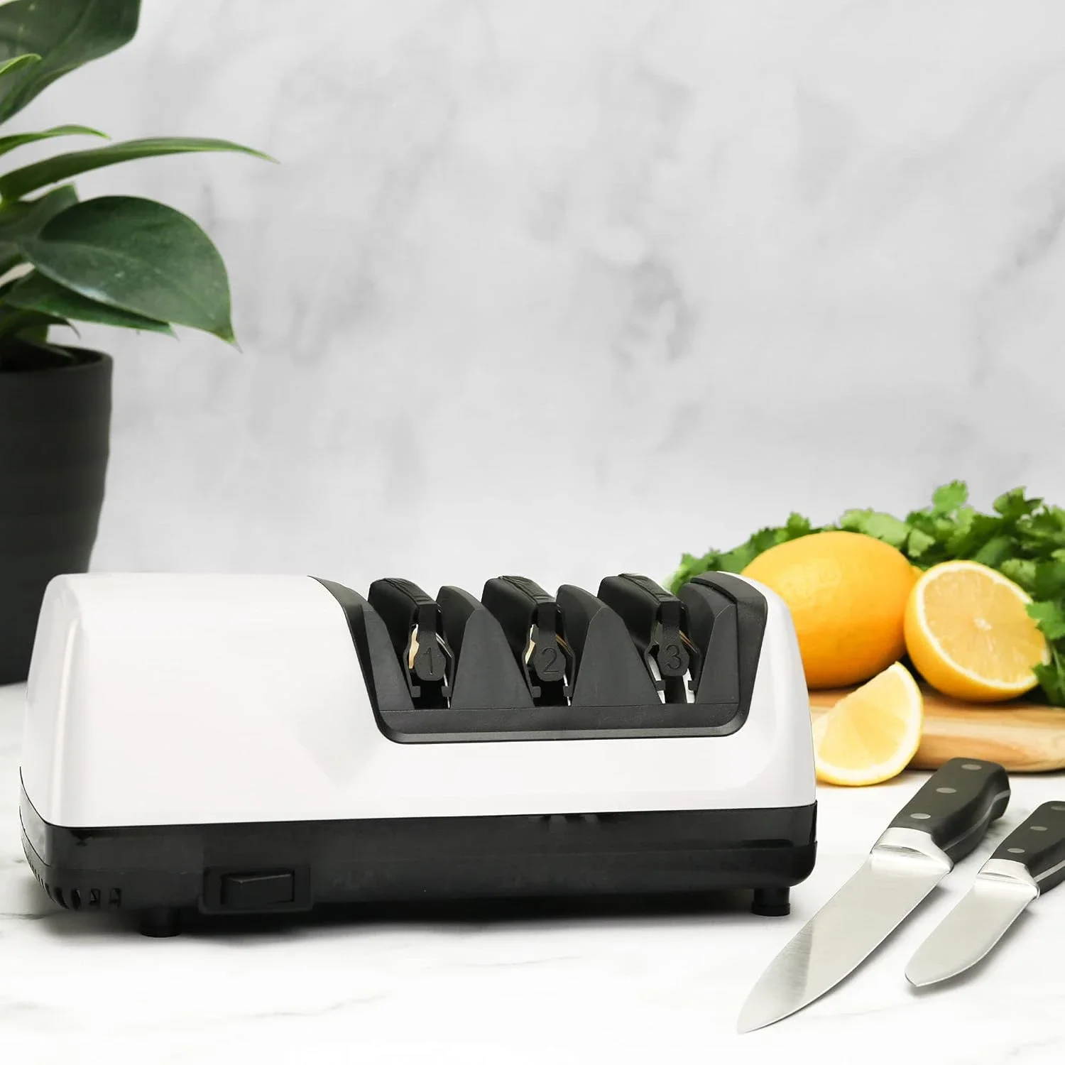 1520 Professional Electric Knife Sharpener for 20- and 15-Degree Straight-Edge and Serrated Knives, 3 Stage, White