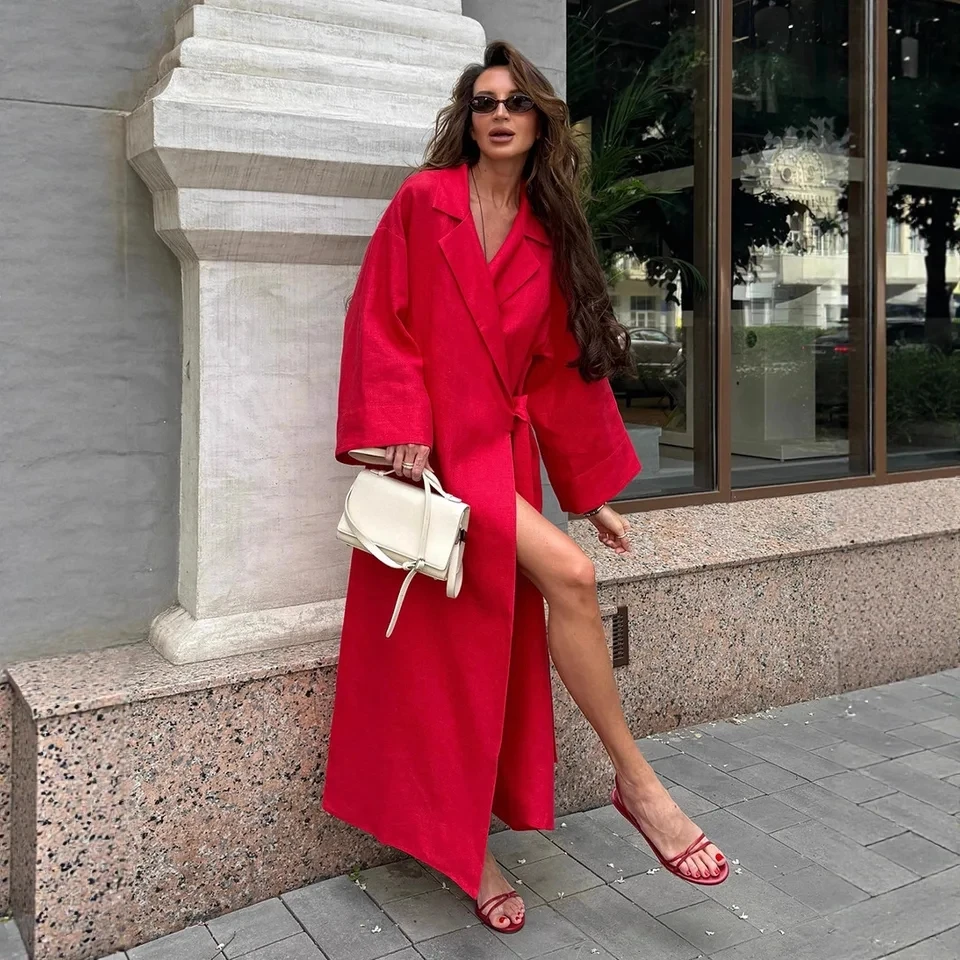 

2026 Spring Summer New Languid Leisure Loose Long Robe Lapel Tie Fashion Elegant Desin Long Dress Women