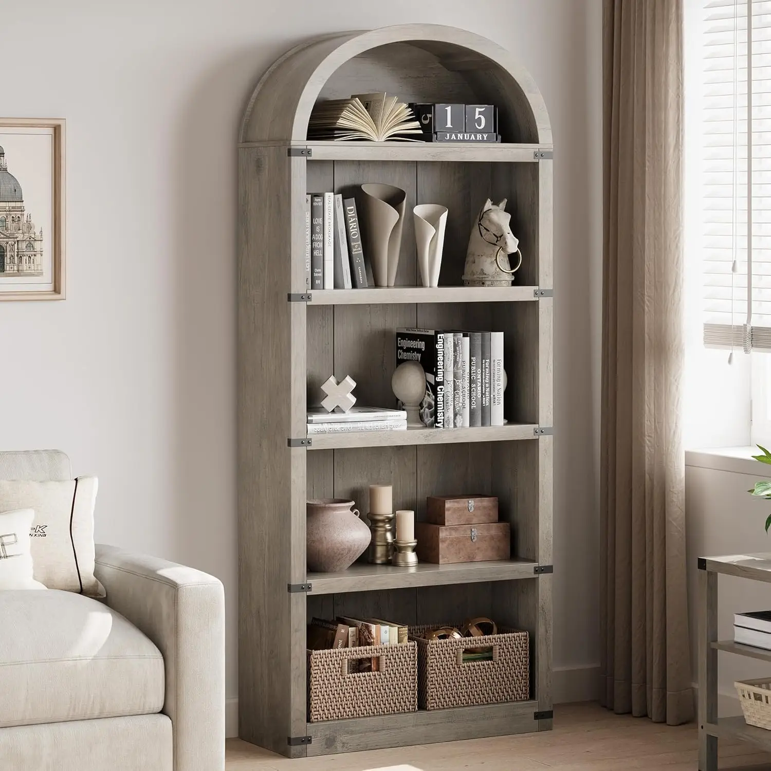 71" hohes gewölbtes Bücherregal, Bücherregal mit Stauraum, Mid-Century Modern 5-stöckiges Bücherregal mit Tür, für Wohnzimmer, Küche, Heimbüro