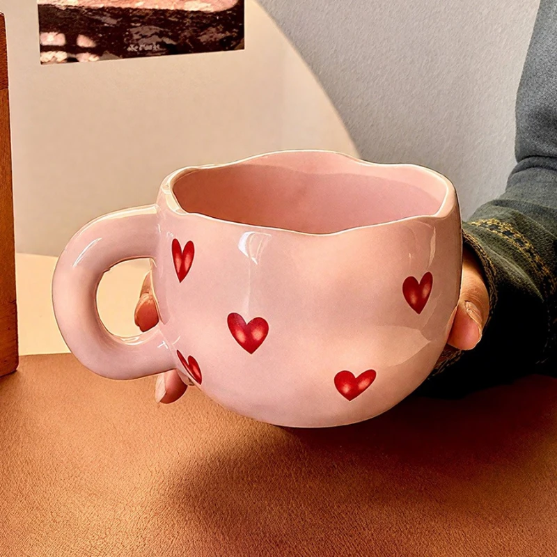 Handbemalte Keramik-Kaffeetasse im Herz-Design mit Griff für Milchtee, romantisches Geschenk, Valentinstag, Jahrestag, Paar-Set