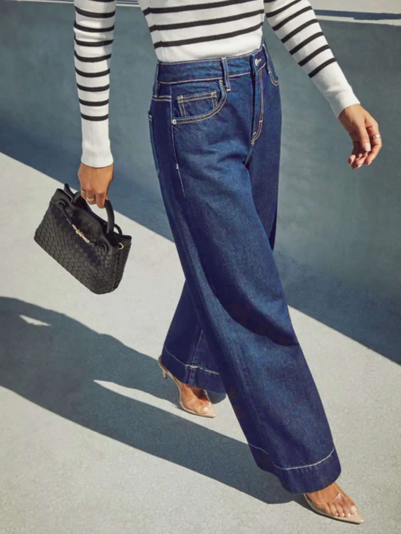

New Summer Women's High Waist Wide Leg Jeans Classic Dark Blue Washed Stretch Jeans with Button Fly