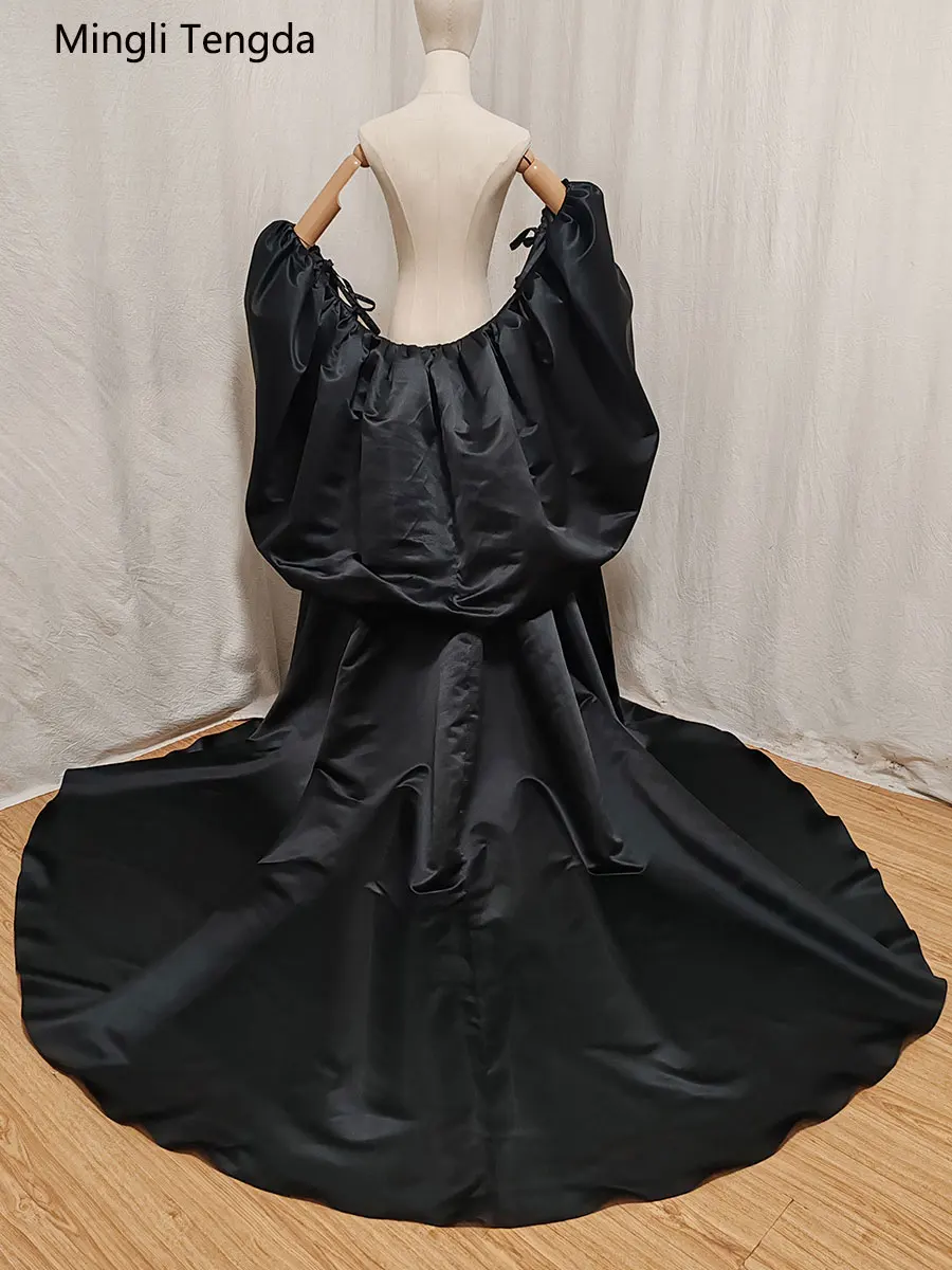 Mingli Tengda Black Satin Puffy Sleeved Cape Wedding Jacket Charming Bridal Detachable Trian Women Cloak Coat Bride Shawl