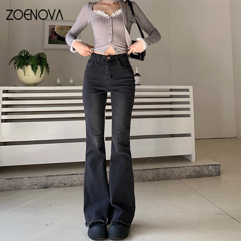 ZOENOVA 2024 Spring Summer Fashion Women's High Waisted Wide Leg Boot Cut Pants Black Raw Edge Casual Retro Ladies Flared Jeans