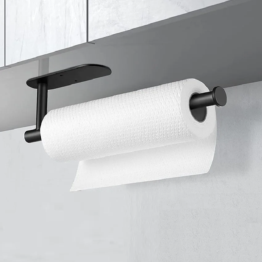 Paper Towel Mount,Stainless Steel Kitchen Paper Holder Black,No Drill Self Adhesive Thickened Toilet Roll Paper Holders Bathroom