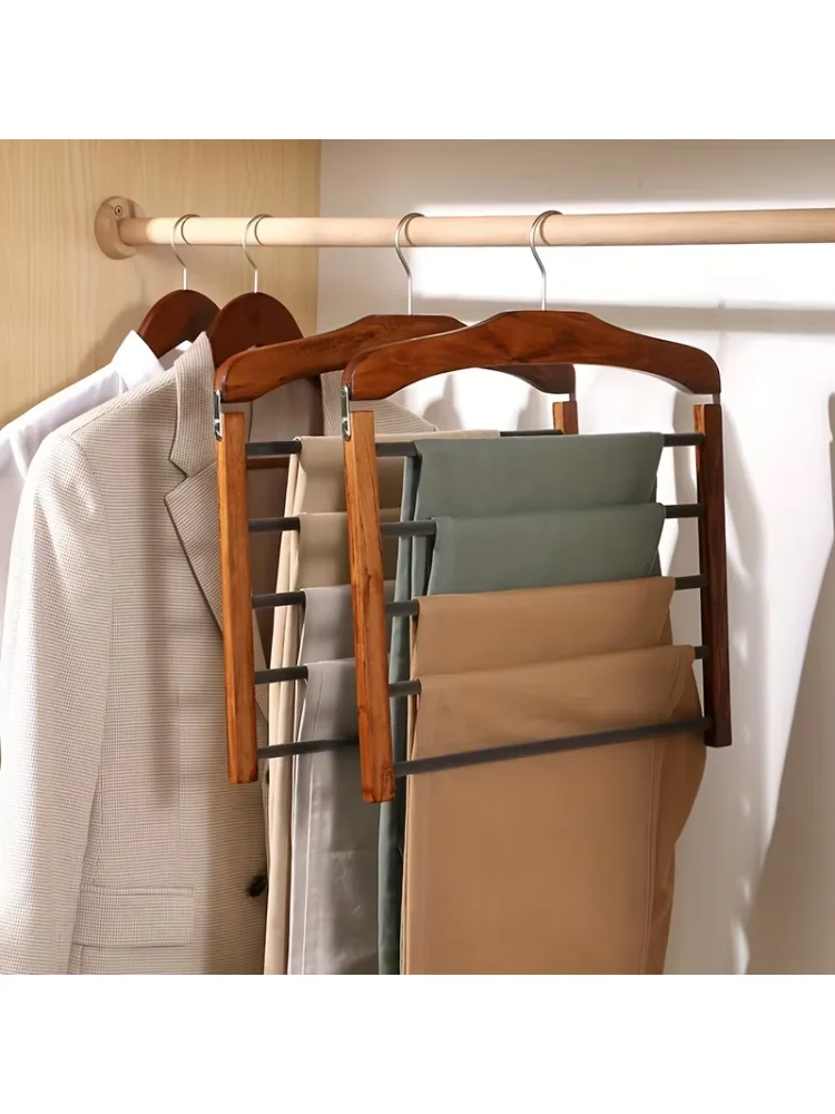 Solid Wood Multifunctional Multi-tier Trouser Rack Household Wooden Coat Rack Towel Scarf Tie Storage Rack Flocking Non-marking
