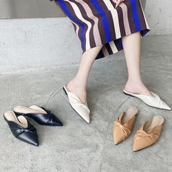 Women Front Closed Toe Pleated Slides Point Toe Flat Heels Soft Leather Shoes Null Summer Fashionable Slippers Black Khaki 32-48