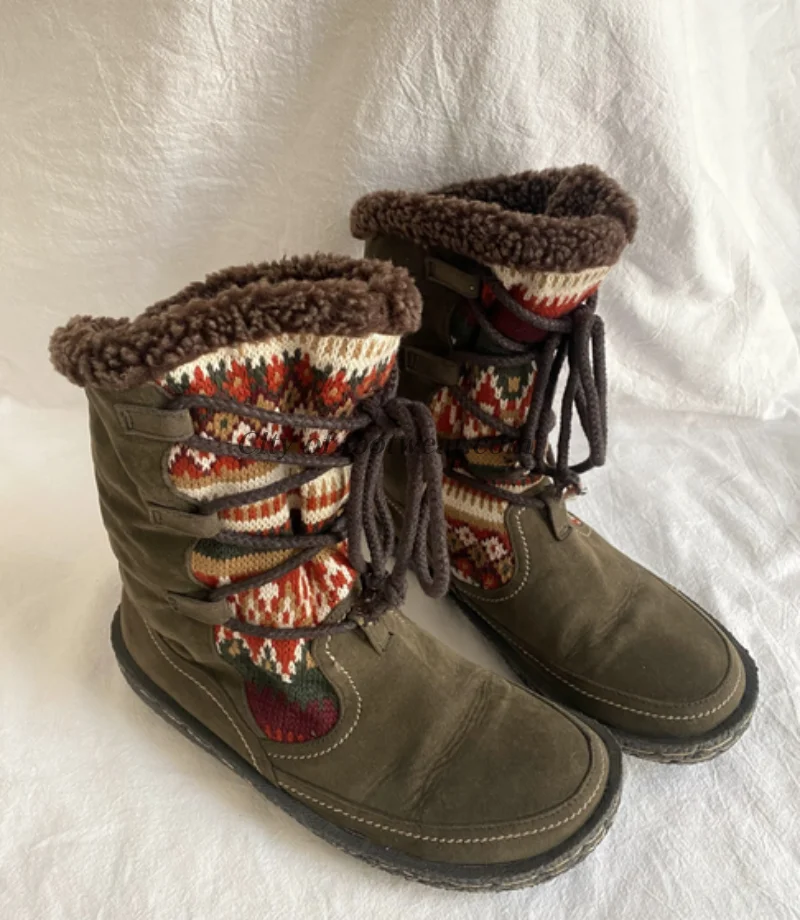 

Women's bohemian winter new in lace up snow boots warm fur flats round toe mid calf boots brown soft luxury designer shoes
