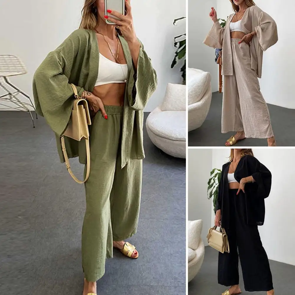 

Повседневный Кардиган, брюки, Женский комплект свободного кроя, рубашка и брюки с открытым стежком, кардиган с высокой эластичной талией и широкими штанинами для повседневного использования