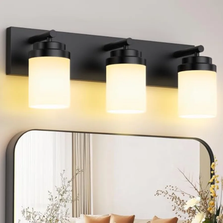 Bathroom Vanity Light Fixture, 22 Inch Matte Black Bathroom Light Fixtures Over Mirror, with White Glass Shade, Modern Farmhous