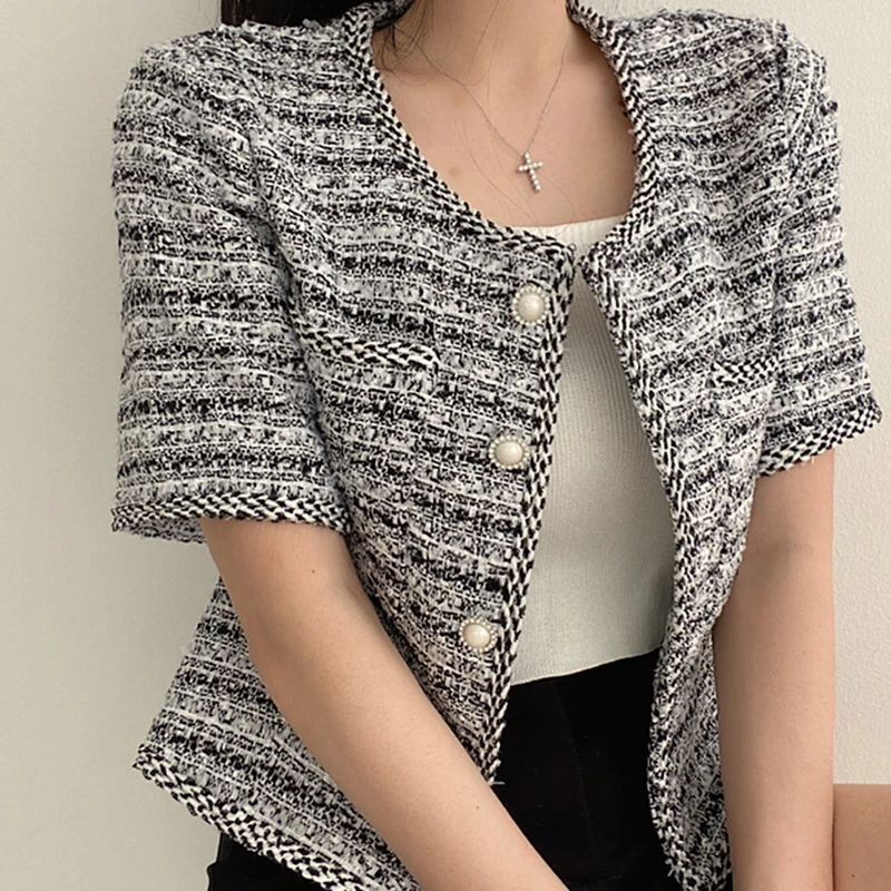

Women Chic Elegant Tweed Cardigan Short Coat With Pocket Single Breasted Jacket Short Sleeve Loose Outwear Women Summer