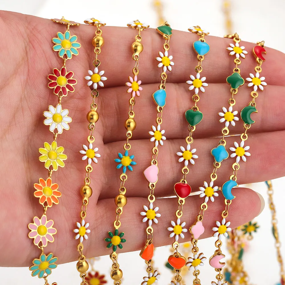 1m Cute Daisy Stainless Steel Enamel Chain For Jewelry Making Sun Flowers Link Chains DIY Necklace Bracelet Jewelry Supplies