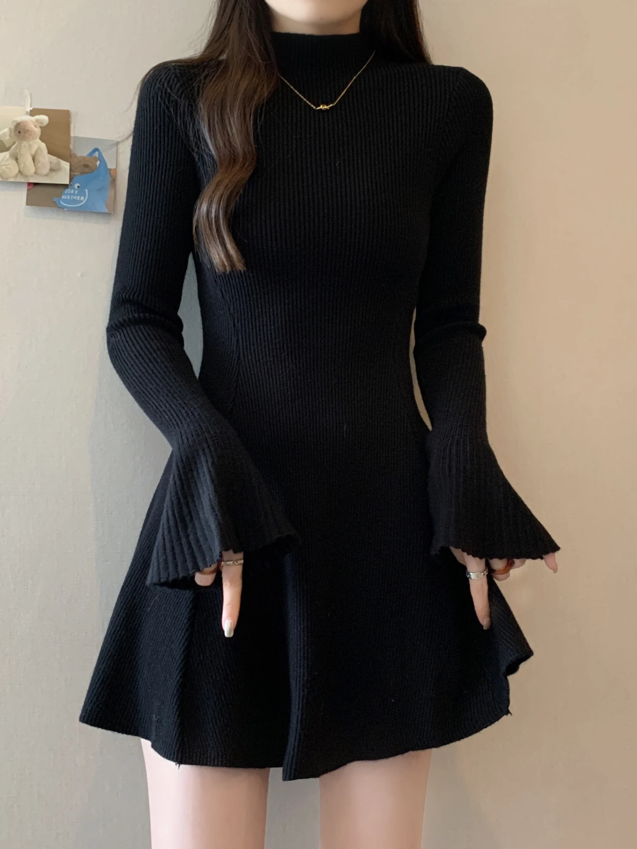 

plus Size Knitted Midi Dr with Bell Sves And High Collar for Women Slim Fit French Sle Long Sve Color Dr