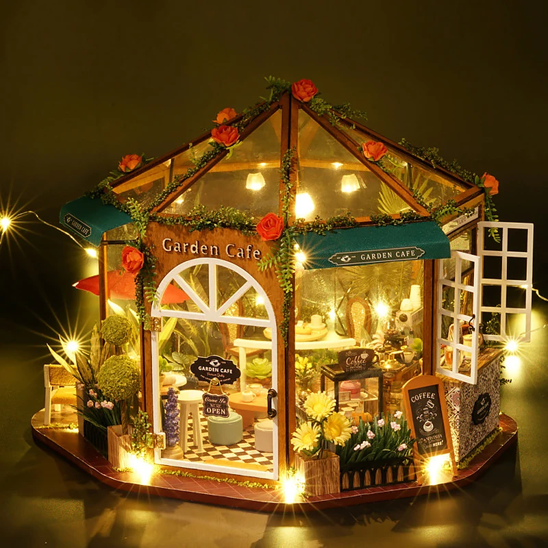 Wooden Doll House Miniature House Kit 3D Puzzle Assemble Building Garden coffee Model Toys With Furniture Lighting Birthday Gift