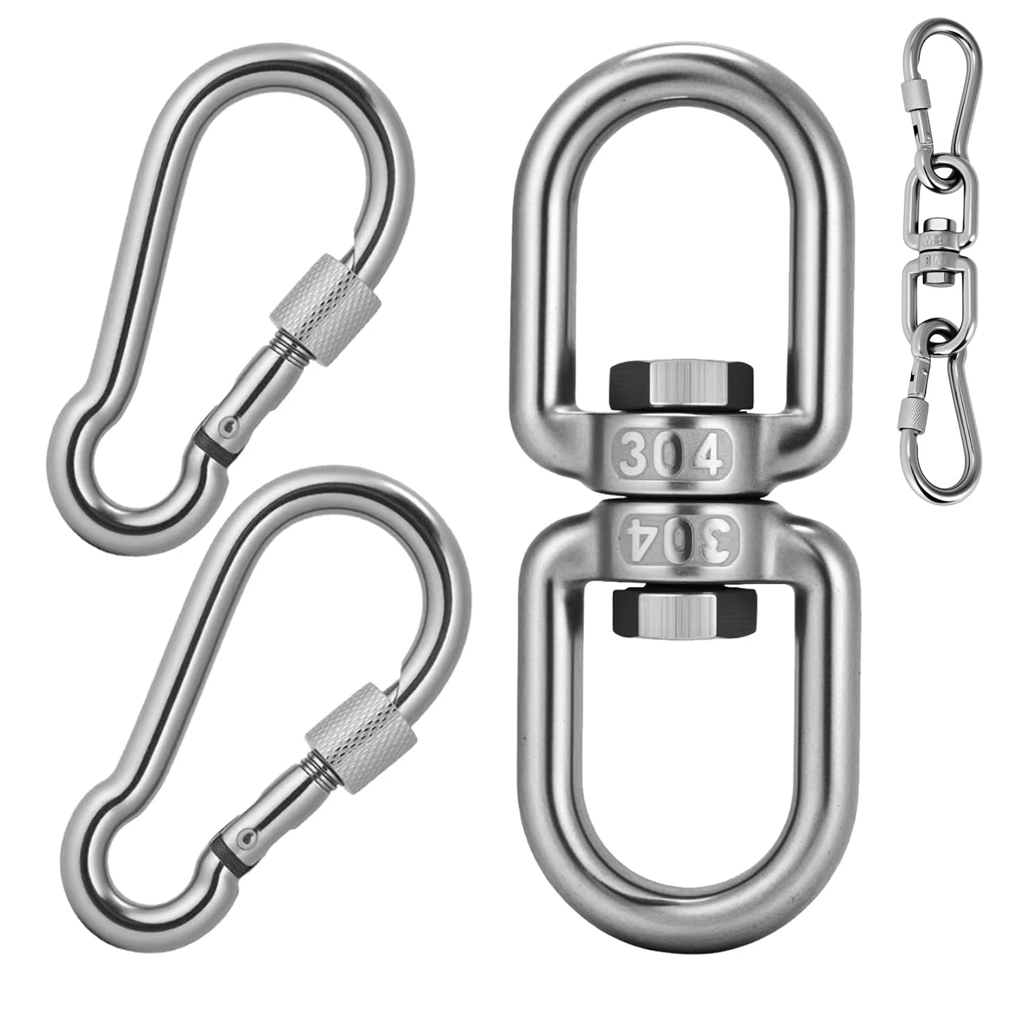 M6 304 Stainless Steel 8-Shaped Rotating Ring Chain Buckle with M6 Stainless Steel Spring Hook for Hanging Chairs/Hammocks