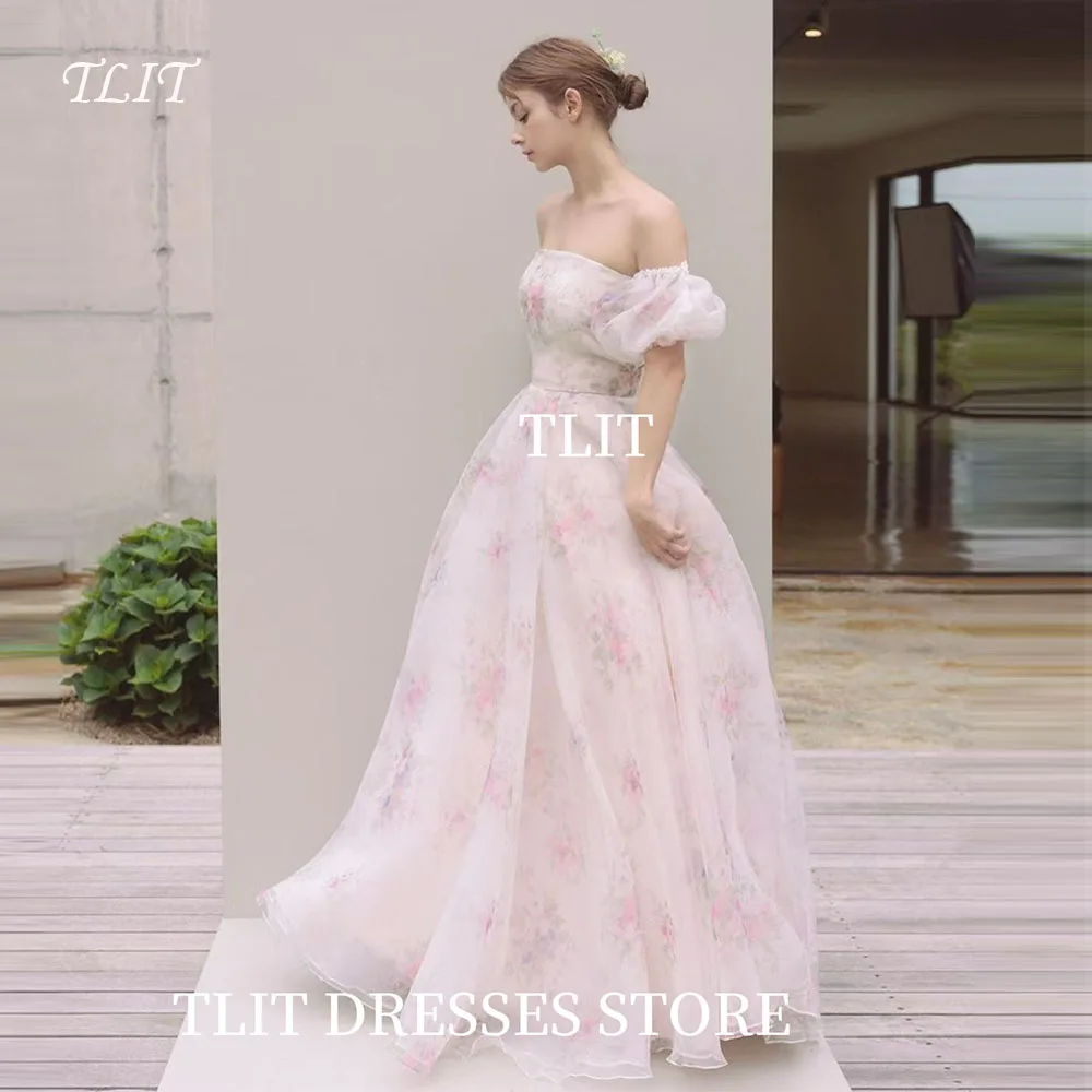 TLIT Lovely Printing Flowers Chiffon A-Line Evening Dress Strapless Off the Shoulder Prom Gowns Customized Vestidos de fiesta