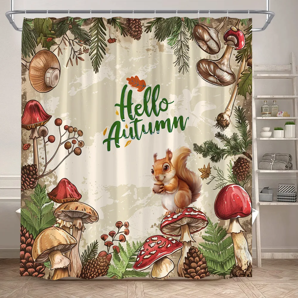 Autumn Mushroom Shower Curtains Cartoon Animals Squirrel Deer Pumpkin Sunflower Plants Bath Curtain for Bathroom Decor Polyester