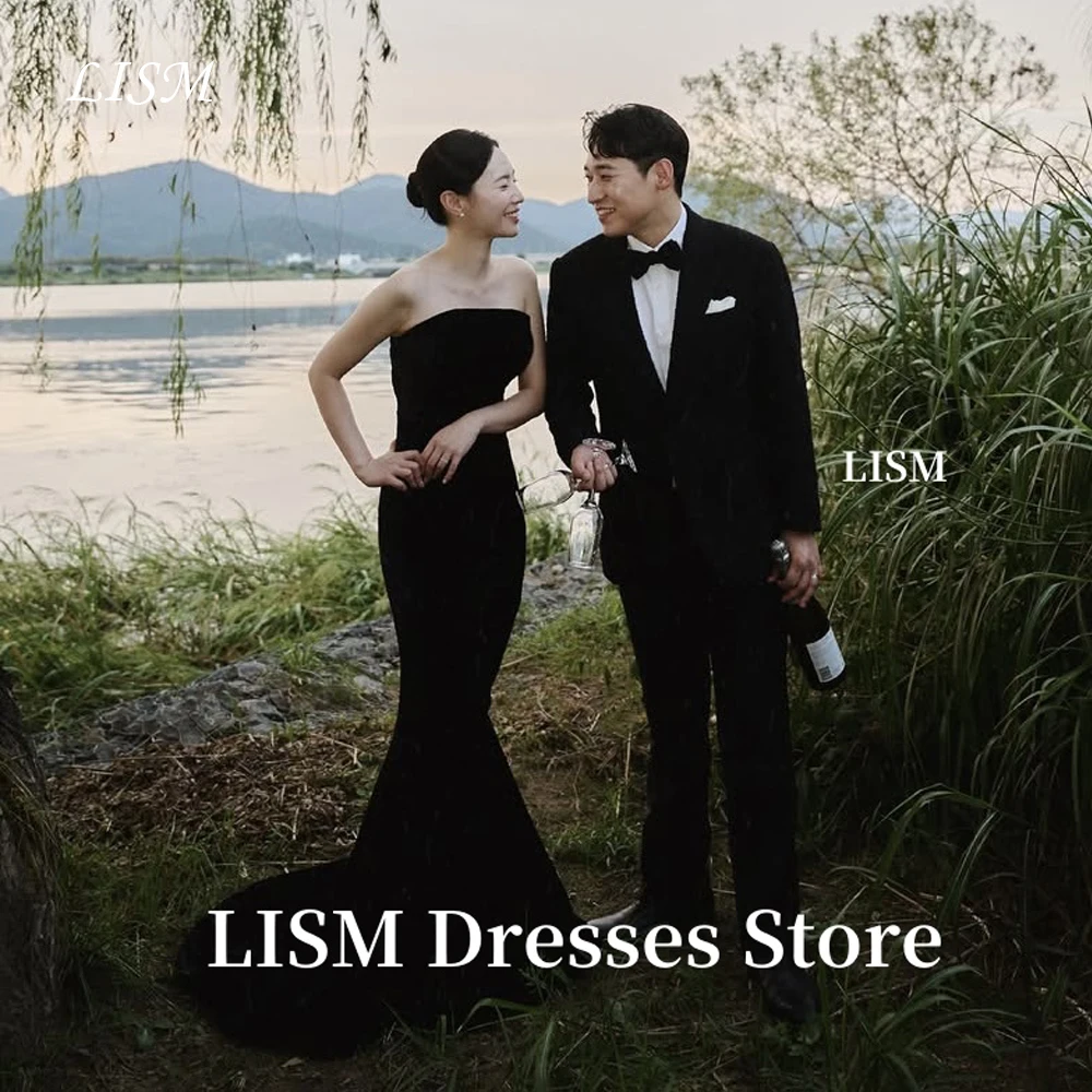 

LISM Black Mermaid Simple Evening Dresses Photo Shoot Soft Satin Strapless Elegant Prom Dresses 웨딩드레스 Customized Corsets Back