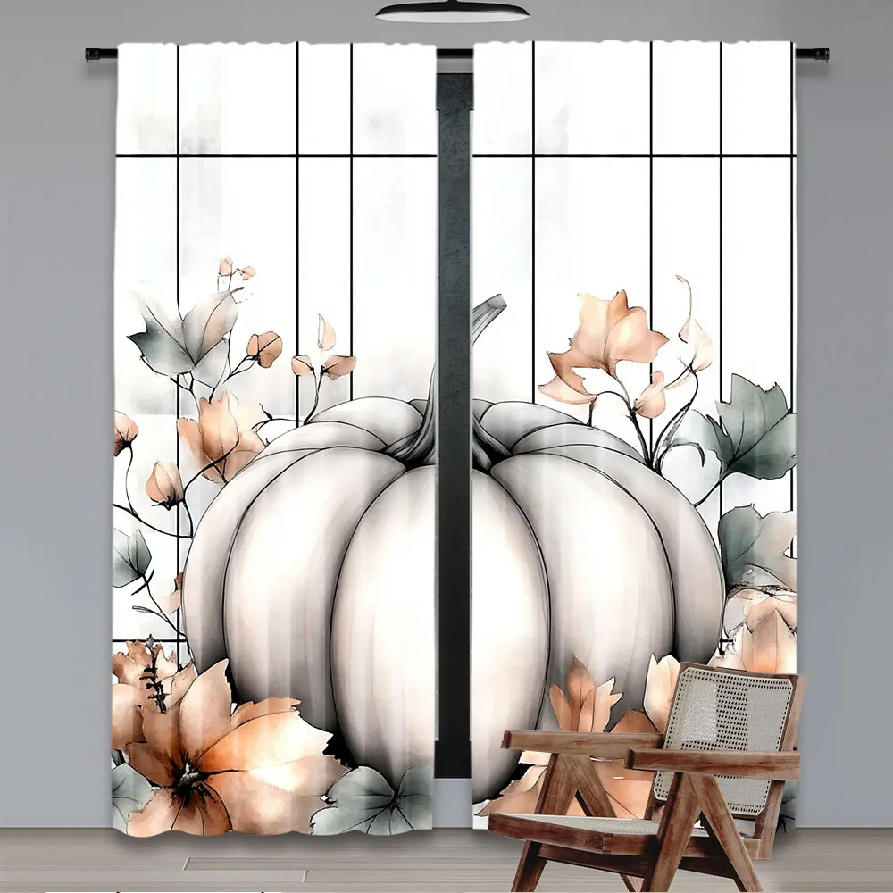 2Pcs Pumpkin Fall Curtain Fall Thanksgiving Harvest Watercolor Floral Pumpkin Curtain For Bedroom Bathroom Living Room Dining