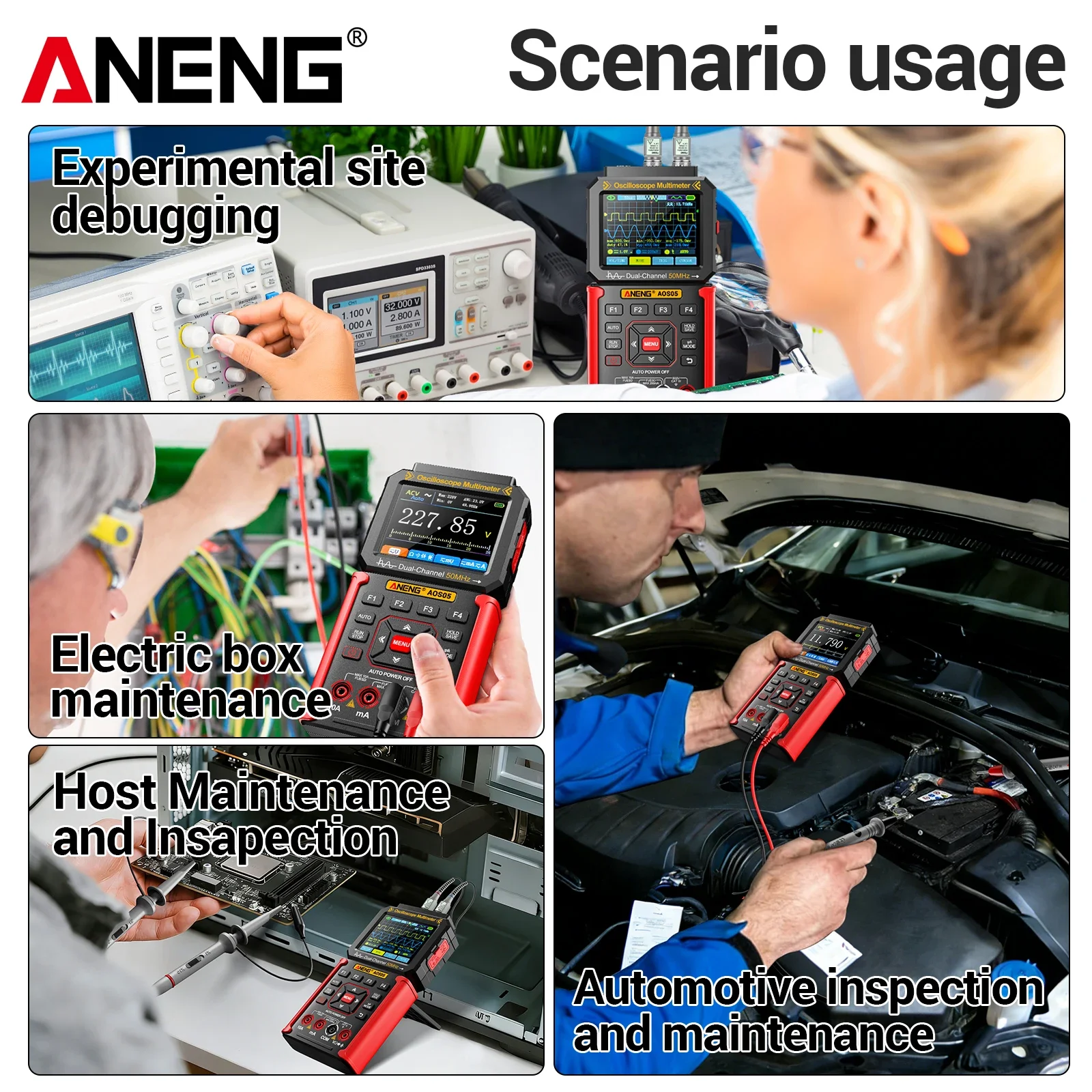 ANENG AOS05 50MHz Dual Channel Oscilloscope Multimeter Signal Gen 200MS/s Sampling USB Recharge Portable Test Measuring Tool