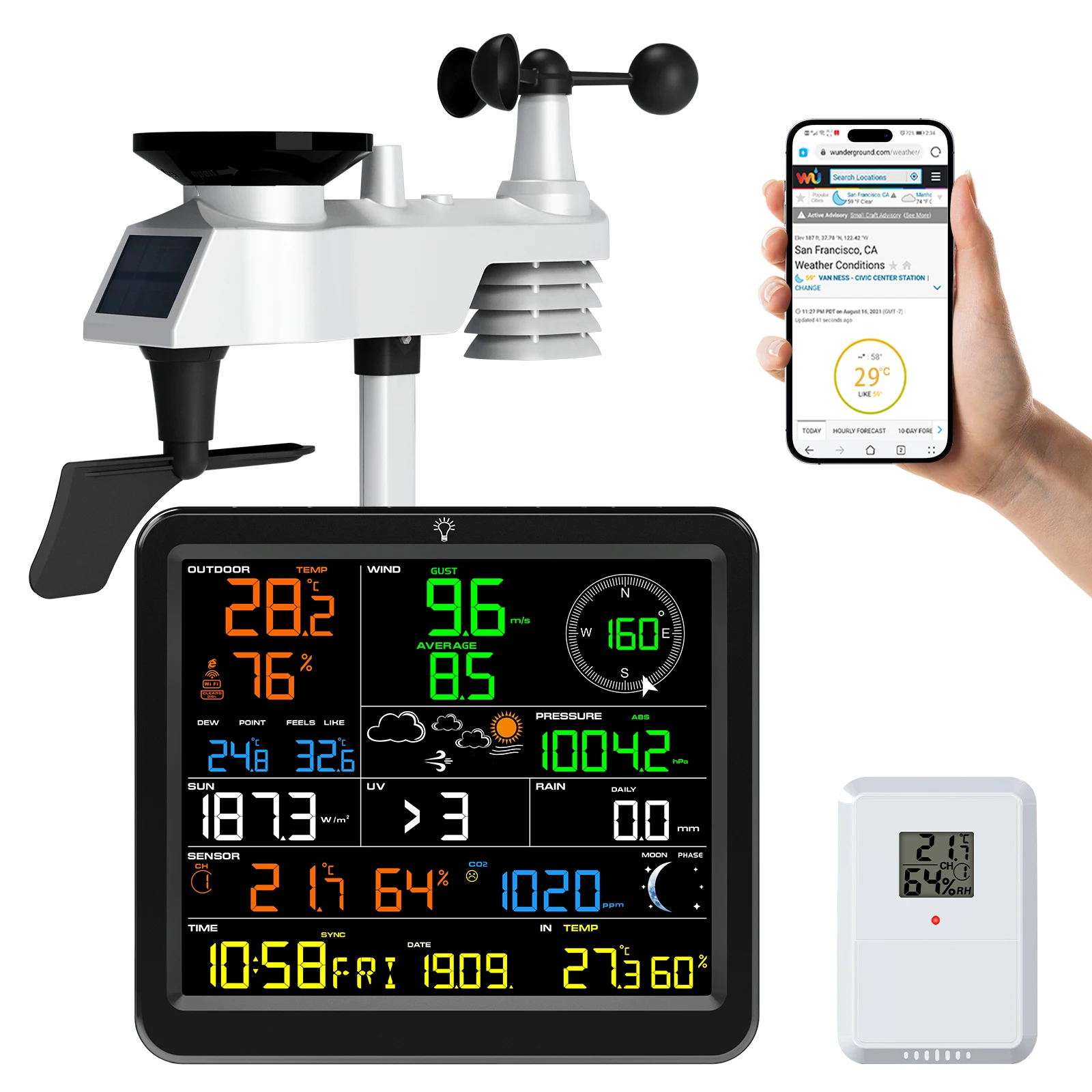 WiFi-weerstation op zonne-energie 14-in-1 draadloze weermonitor met realtime CO2-detectie 328FT bereik voor thuis- en boerderijgebruik