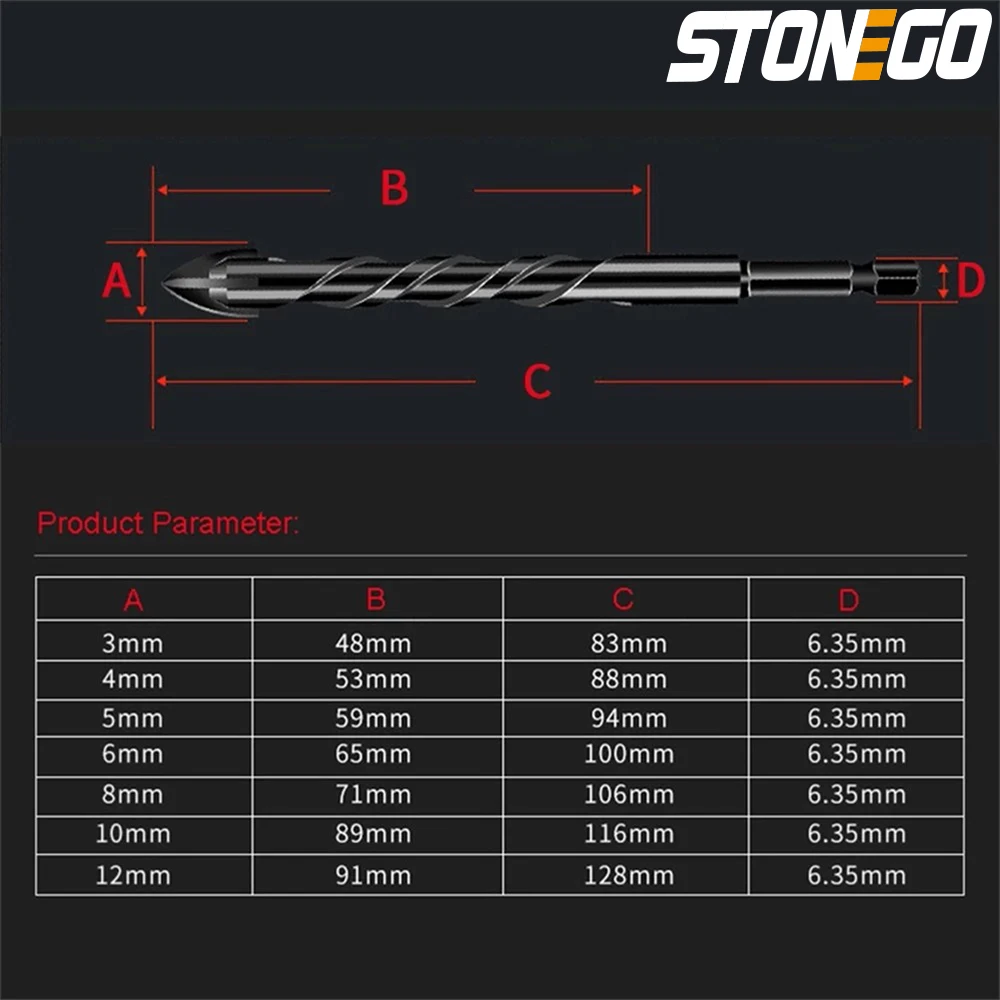 STONEGO-Hard Alloy Cross Hex Tile Bits, Abridor de furos, Adequado para Madeira, Vidro, Porcelana, Concreto, 7Pcs, 10Pcs