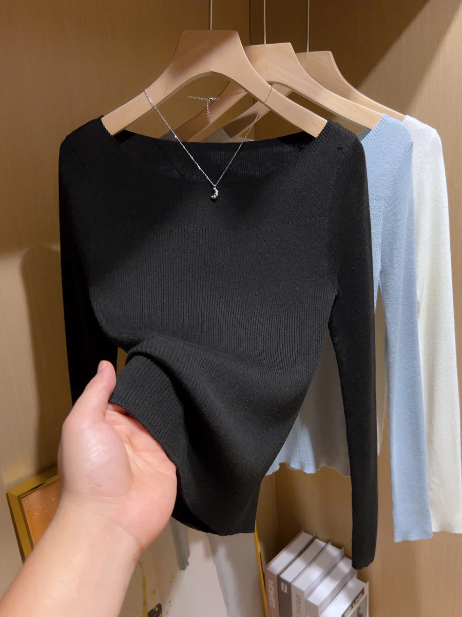 حجم كبير حصيرة المرأة جولة Ne Long Sve محبوك irt الأزرق التخسيس قاعدة طبقة أعلى الخريف الشتاء Faion ملابس داخلية