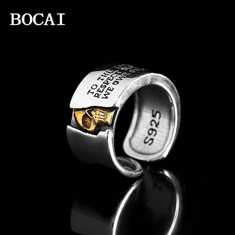 BOCAI New S925 Sterling Silver Vintage Fashion Personalization Color Separation Letters Skull Head Opening Ring