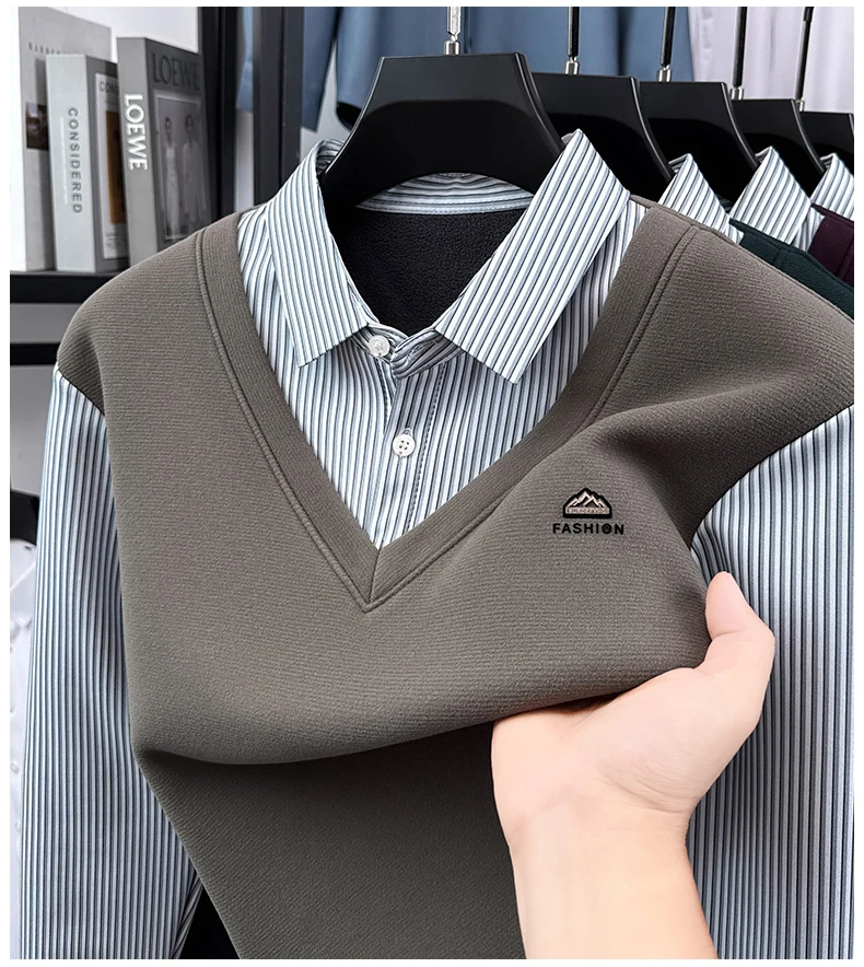 

Плюшевая и толстая футболка из двух предметов с длинными рукавами, мужская зимняя новая рубашка с воротником, теплая нижняя рубашка для папы