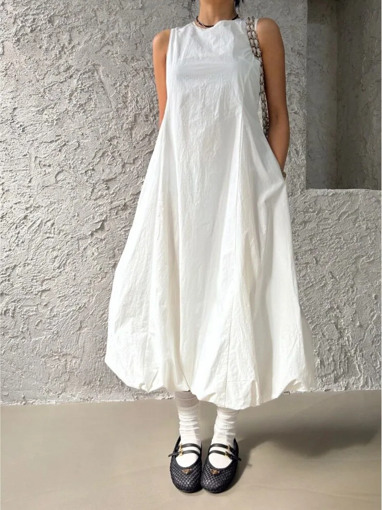 White Sleeveless Flower Bud Skirt Vest Dress Women Summer New Loose Long Dress Korean Style Casual Wear for Various Occasions