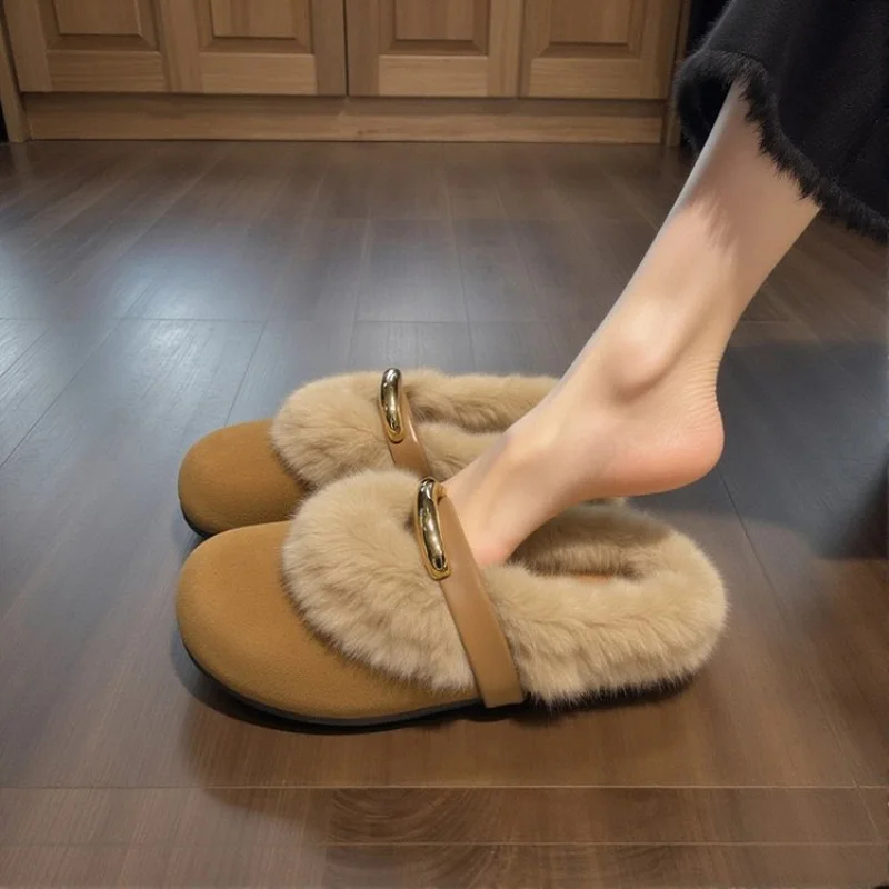 

Autumn and Winter New Plush Thick-Soled Closed-Toe Slip-On Fleece-Lined Warm Cotton Slippers