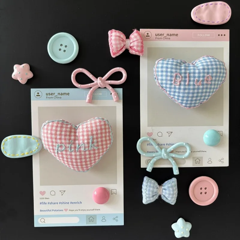 Pastel Gingham Heart Bow Fridge Magnet Set, Cute Pink Blue Fabric Star Button Shaped Ornament, for Photo Board & Home Desk Decor