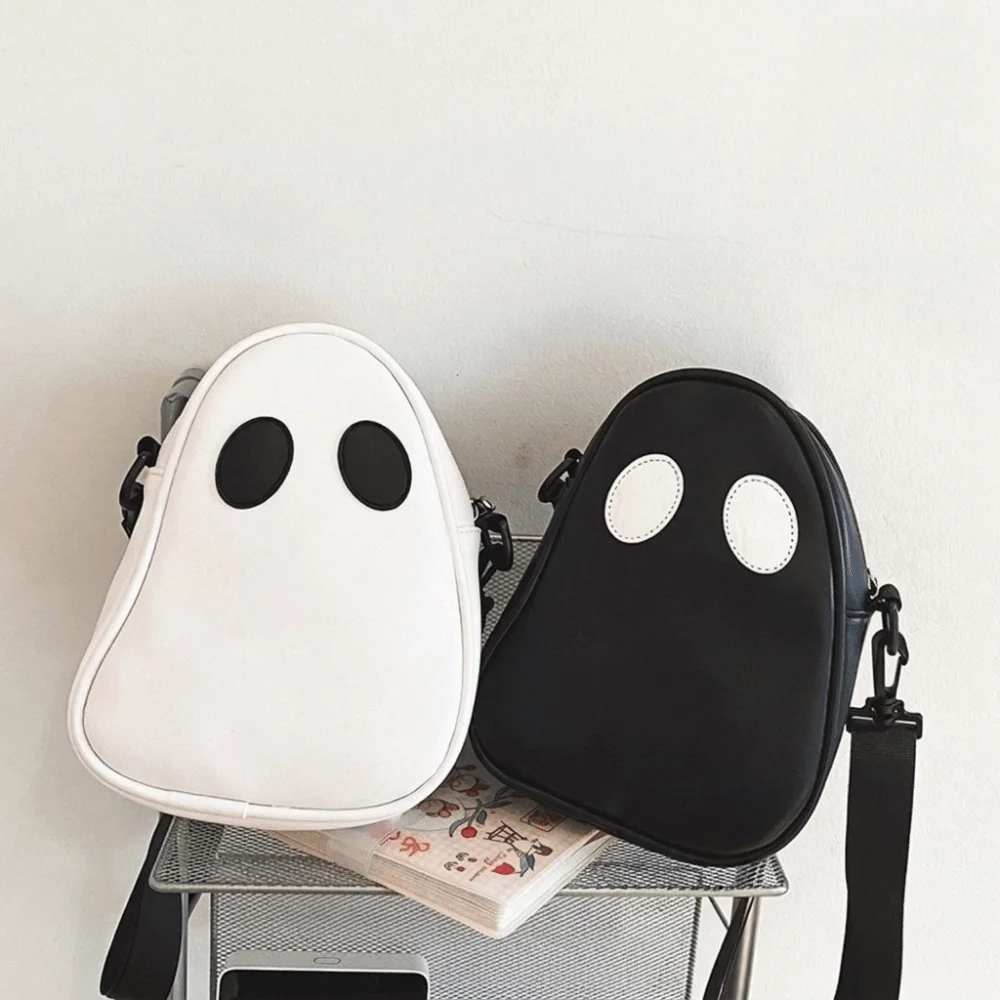 PU Leather Ghost Crossbody Bag Adjustable Strap Black And White Shoulder Bag Novelty Style Cartoon Design Halloween Mini Bag