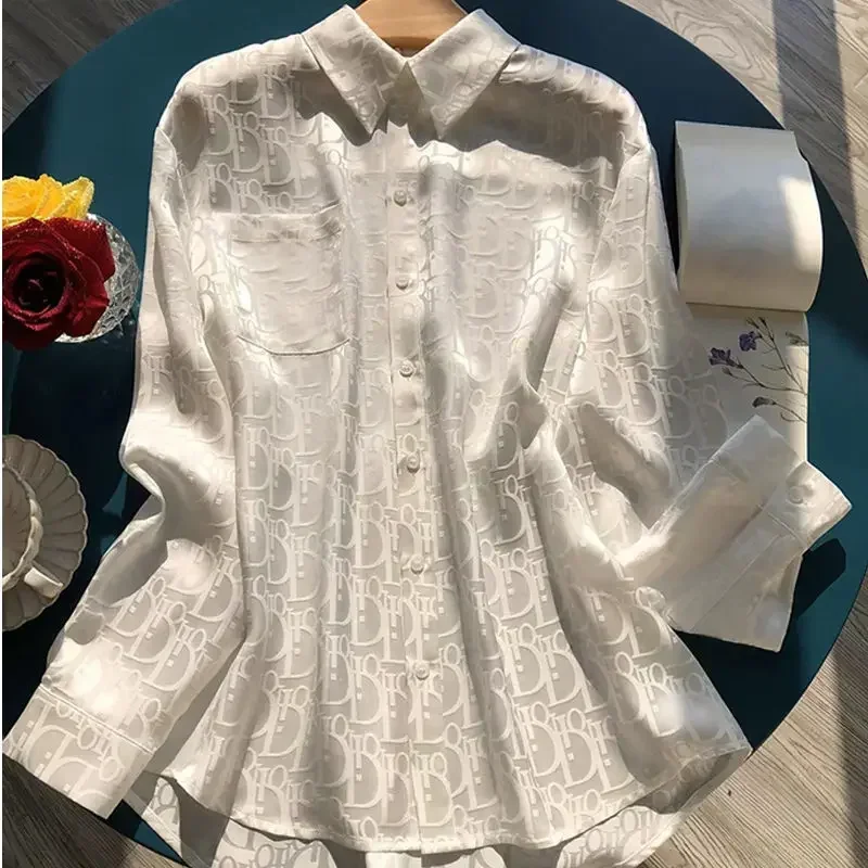 

Classic Jacquard Long Sleeve Shirt For Women Lightweight Silk Slip-on Style Subtle Letter Printed Top For Spring Summer